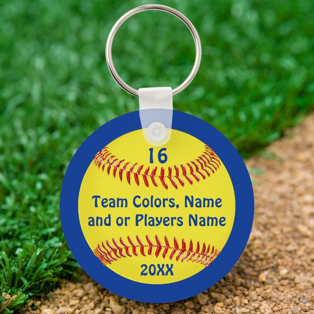 Porte-clés de softball TEAM et NOM DU JOUEUR, NUMÉ (Softball team gift ideas for girls. Blue, softball keychains, Softball party favors or any occasion.)