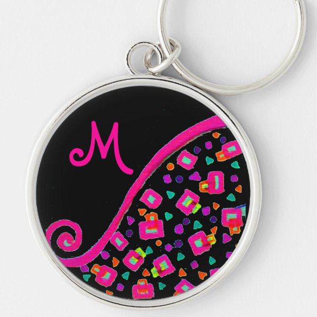 Porte-clés DÉCO MONOGRAMME rose Fuchsia Jaune Blanc Noir (Devant)