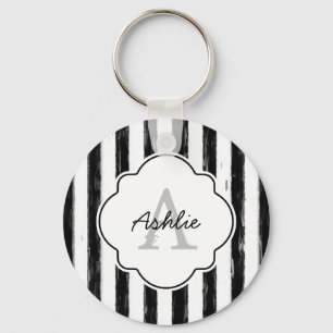 Porte-clés Décontracté Black Peint Stripes Monogramme et nom
