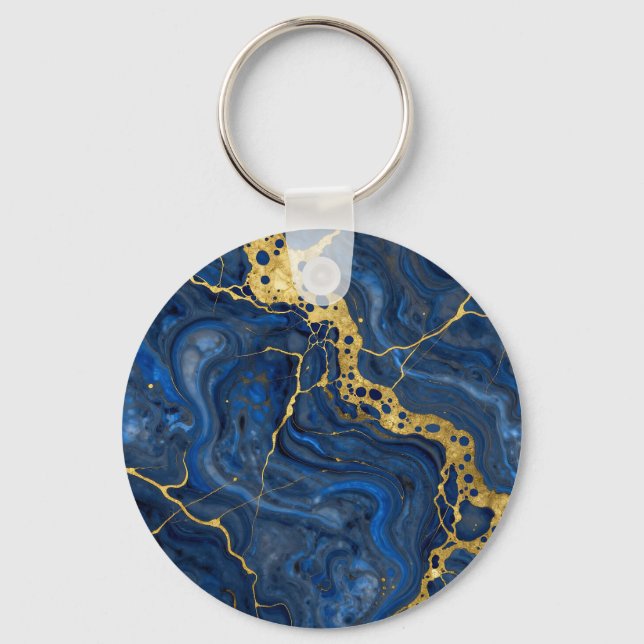 Porte-clés Deep Blue Golden Veins Abstrait (Recto)