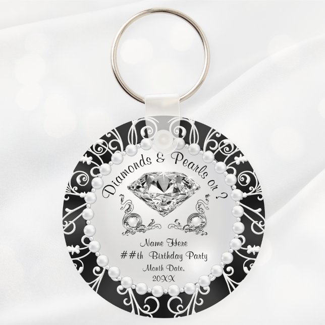 Porte-clés Des Diamants et Perles Personnalisés Favoris (Black and White, Diamonds and pearls birthday party ideas. 60th, 75th, 80th, 90th birthday Favors.)