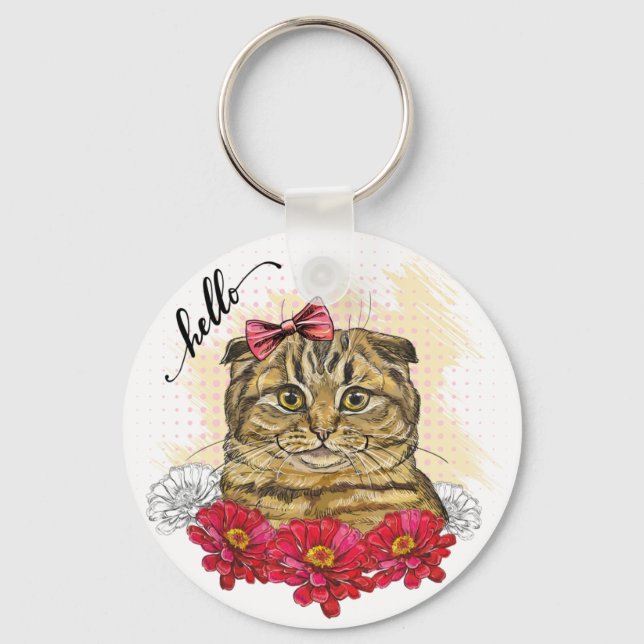 Porte-clés Dessin à la main chat plié écossais avec fleurs ro (Recto)