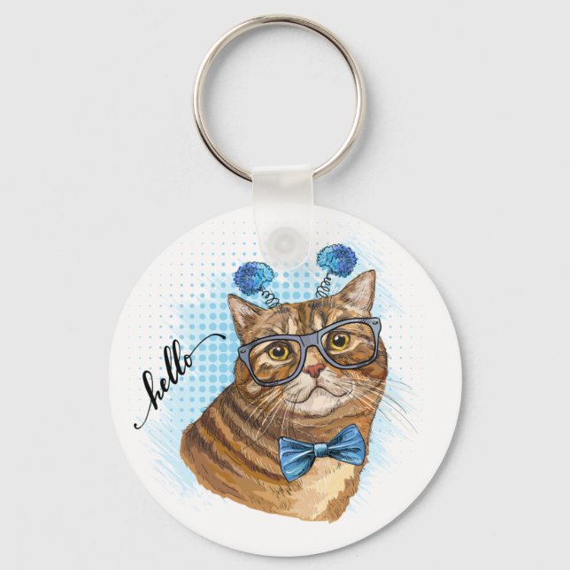 Porte-clés Dessin à la main drôle Tabby chat en lunettes Papi (Recto)