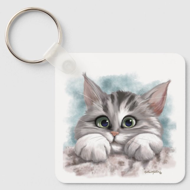 Porte-clés Dessin animé de chaton tabby gris adorable (Recto)