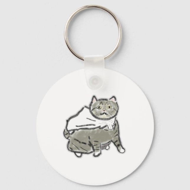 Porte-clés Dessin au crayon d'un chat gris tabby avec cape bl (Recto)