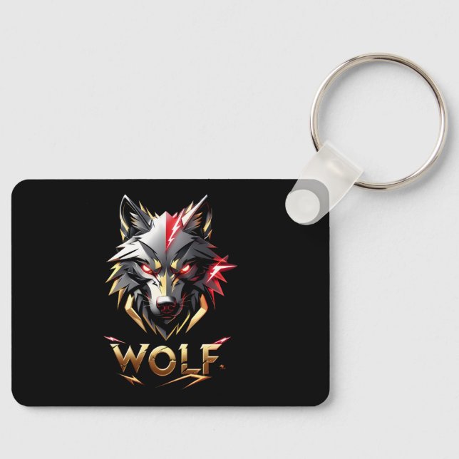 Porte-clés Dessin de tête de loup doré et rouge féroce (Recto)