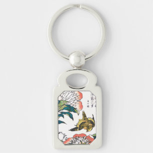 Porte-clés Dessin japonais vintage, Peonies et Bruant