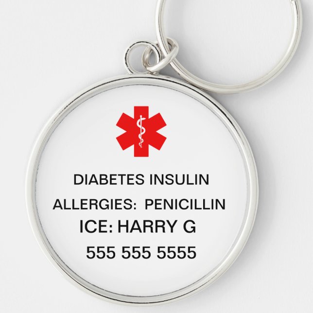 Porte-clés Détails d'urgence d'alerte médicale vitale (Devant)