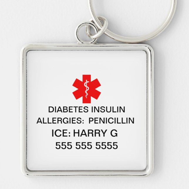 Porte-clés Détails d'urgence de l'alerte médicale vitale (Devant)