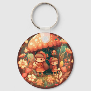 Porte-clés Deux adorables petits elfes sous les champignons