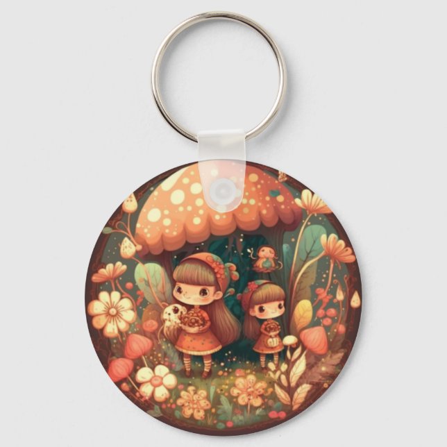 Porte-clés Deux adorables petits elfes sous les champignons (Recto)