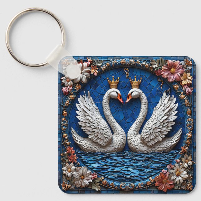 Porte-clés Deux cygnes élégants avec couronnes (Recto)