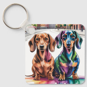 Porte-clés Deux Dachshunds Colorés sur une Place de Ville Eur