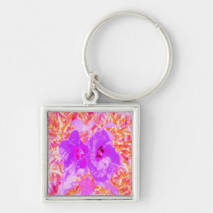 Porte-clés Deux Hibiscus de prune violet et rose chaud sur ro