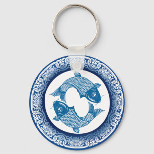 Porte-clés Deux Poissons Koi Carp Chinoiserie Motif bleu