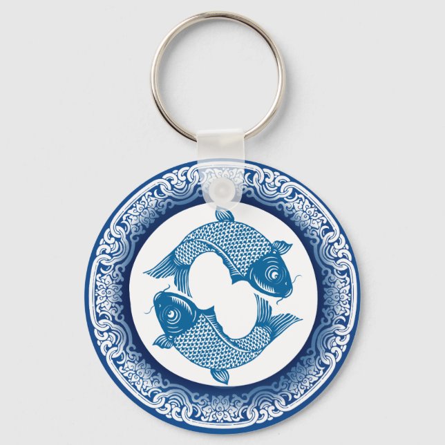 Porte-clés Deux Poissons Koi Carp Chinoiserie Motif bleu (Recto)