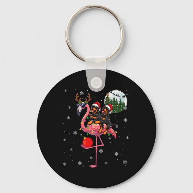 Porte-clés Deux Rottweilers de Noël à cheval Flamant rose Rei (Recto)