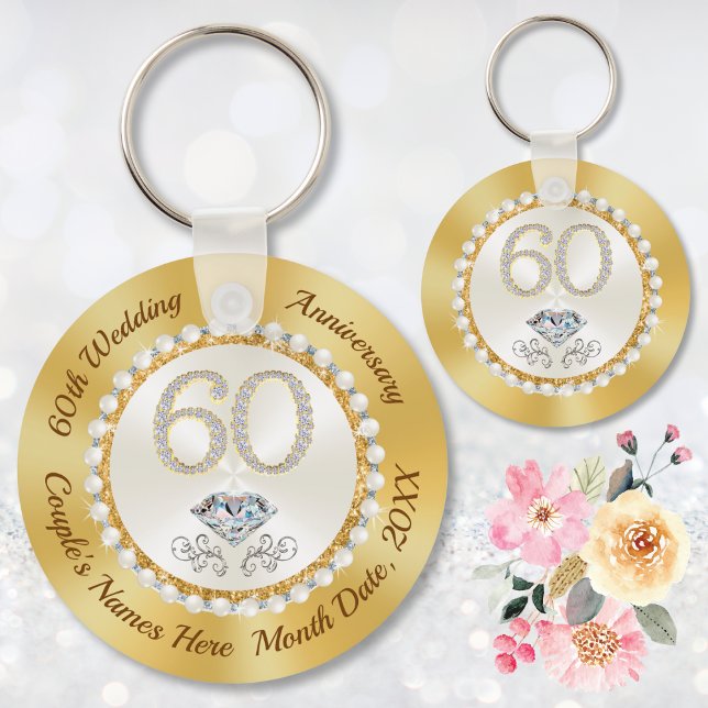 Porte-clés Diamant Blanc Personnalisé 60e Anniversaire Faveur (Custom, 60th anniversary party favor ideas. 60th wedding anniversary decorations party supplies.)