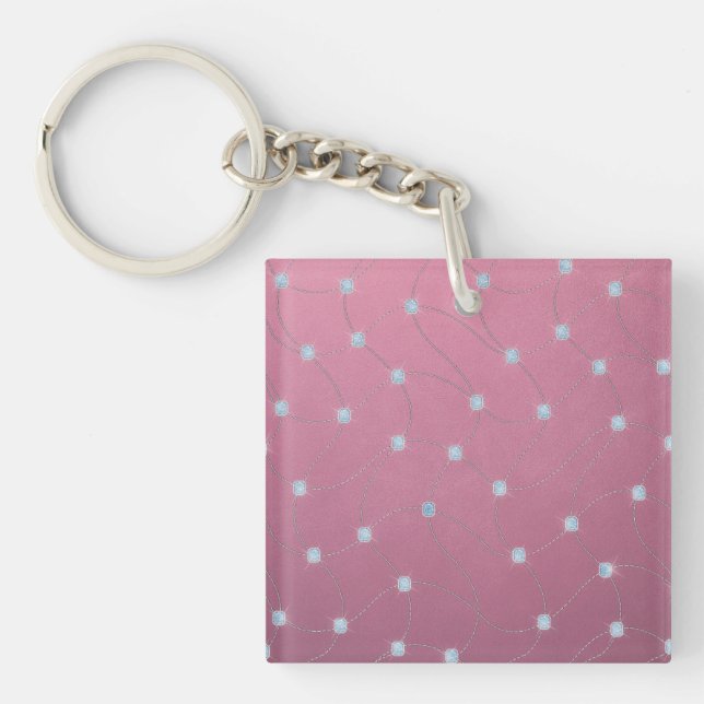 Porte-clés Diamant bleu piqué sur le cuir rose (Devant)