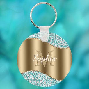 Porte-clés Diamants de Glam sur Turquoise, Monogramme Or, Nom