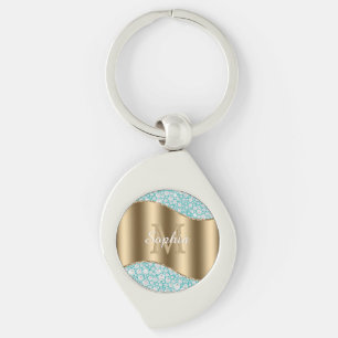 Porte-clés Diamants Glam sur sarcelle, monogramme doré, nom e