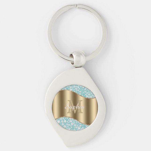 Porte-clés Diamants Glam sur sarcelle, monogramme doré, nom e (Devant)