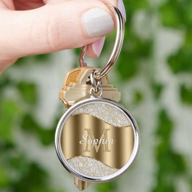 Porte-clés Diamants, Grand Monogramme Doré, Nom en Écriture B (Créateur téléchargé)