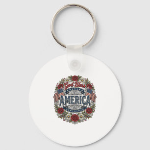 Porte-clés Dieu Bénisse l'Amérique Floral Patriotique Vintage