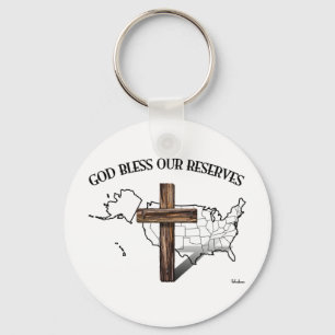 Porte-clés DIEU BÉNISSE NOS RÉSERVES, croix robuste & contour