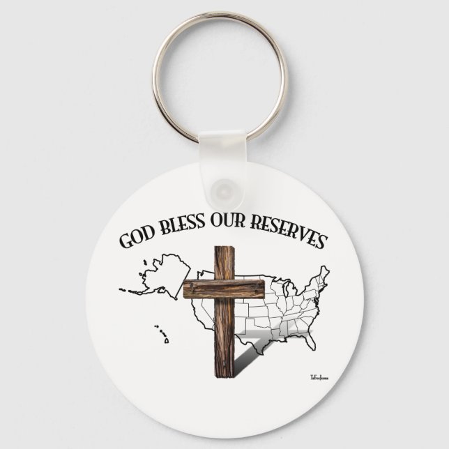 Porte-clés DIEU BÉNISSE NOS RÉSERVES, croix robuste & contour (Recto)