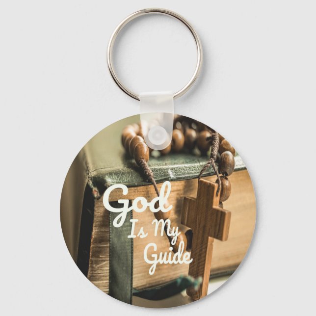 Porte-clés Dieu est mon guide Bible et Croix du Rosaire (Recto)