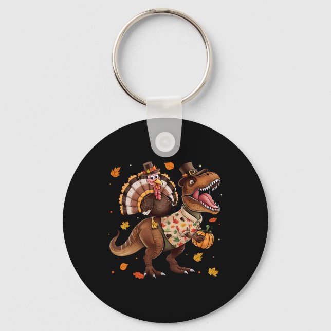 Porte-clés Dinde drôle chevauchant le dinosaure T Rex Thanksg (Recto)