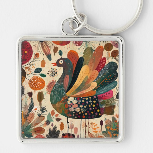 Porte-clés Dinde rétro boho patchwork d'automne (Devant)