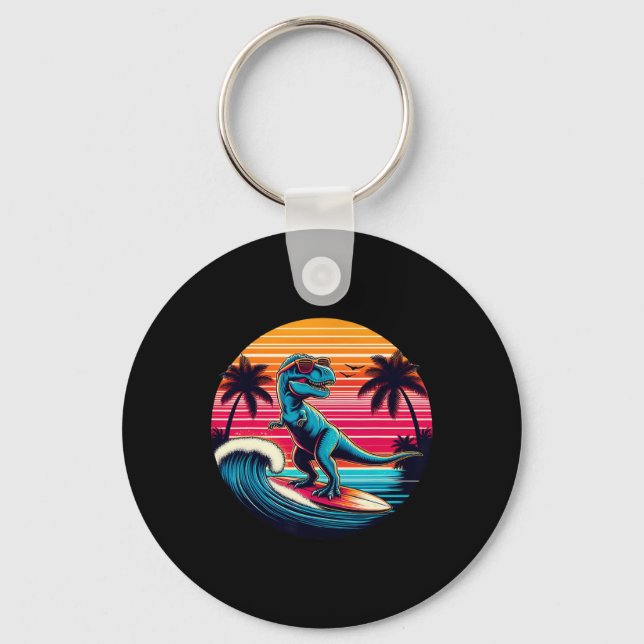 Porte-clés Dinosaure drôle surfant sur le coucher de soleil r (Recto)