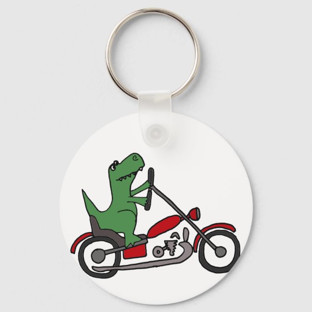 Porte-clés Dinosaure T-rex drôle sur moto rouge (Recto)