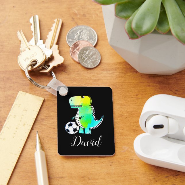 Porte-clés Dinosaure Vert Aquarelle Avec Nom Personnalisé (Bureau)