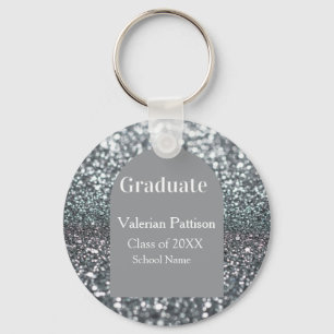 Porte-clés Diplômé gris argenté paillettes forme d'arche nom 