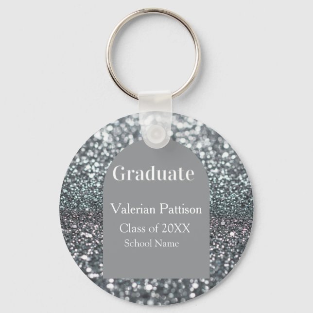 Porte-clés Diplômé gris argenté paillettes forme d'arche nom  (Recto)
