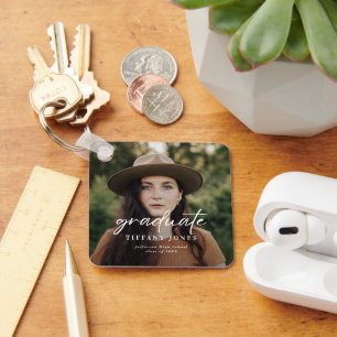 Porte-clés Diplômé moderne blanc Script 4 Photos Graduation