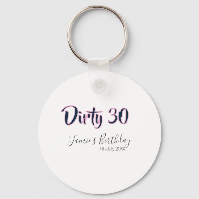Porte-clés Dirty 30 joyeux anniversaire nom date rose gris ca (Recto)