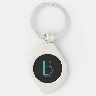 Porte-clés DIY Grand Monogramme & Nom, Texte Sarcelle/Blanc,