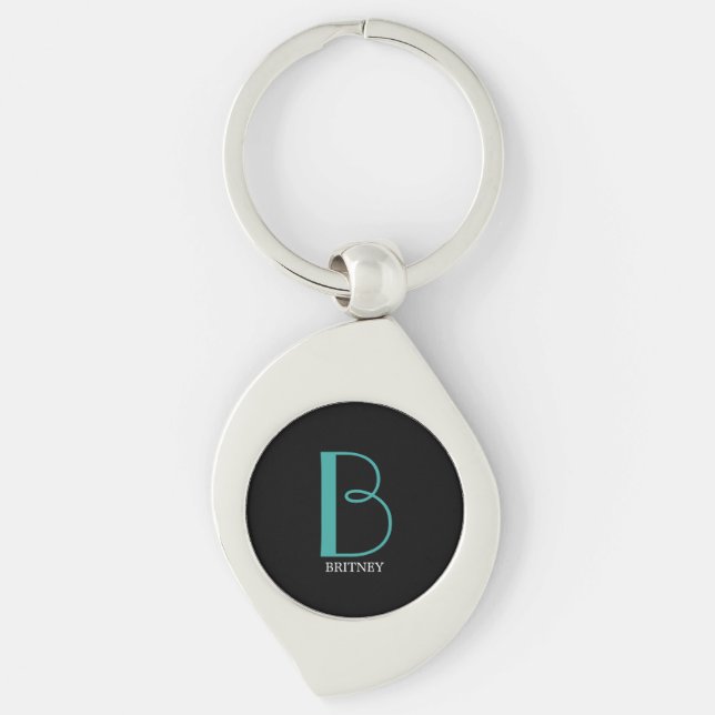 Porte-clés DIY Large Monogram & Name, Teal/White Text, Black (Devant)