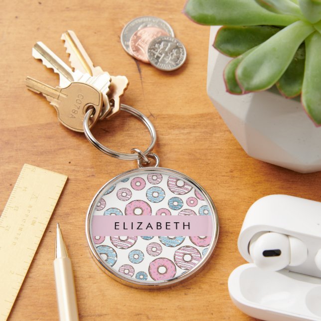 Porte-clés Donuts Roses, Donuts Bleus, Sprinkings, Votre Nom (Bureau)