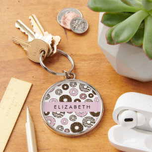 Porte-clés Donuts Roses, Donuts Brown, Sprinkings, Votre Nom
