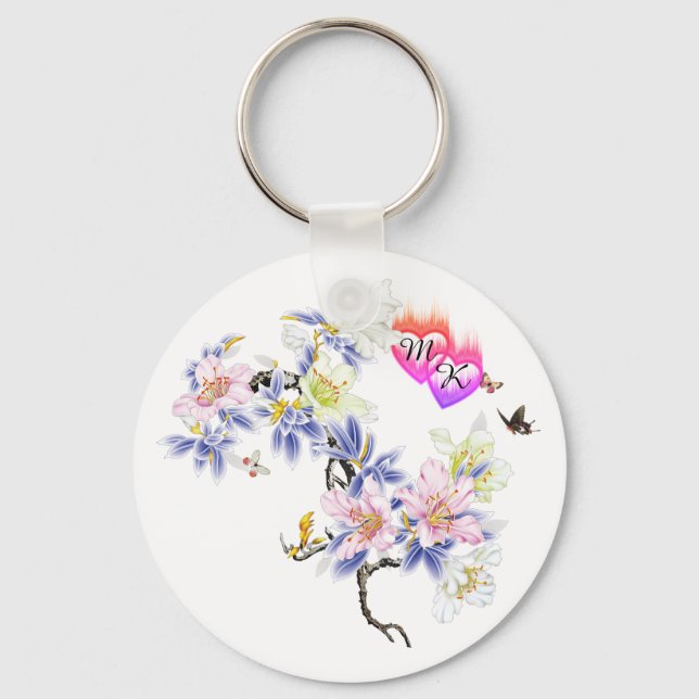 Porte-clés Double Coeurs flamboyants Monogrammes avec Fleurs (Recto)