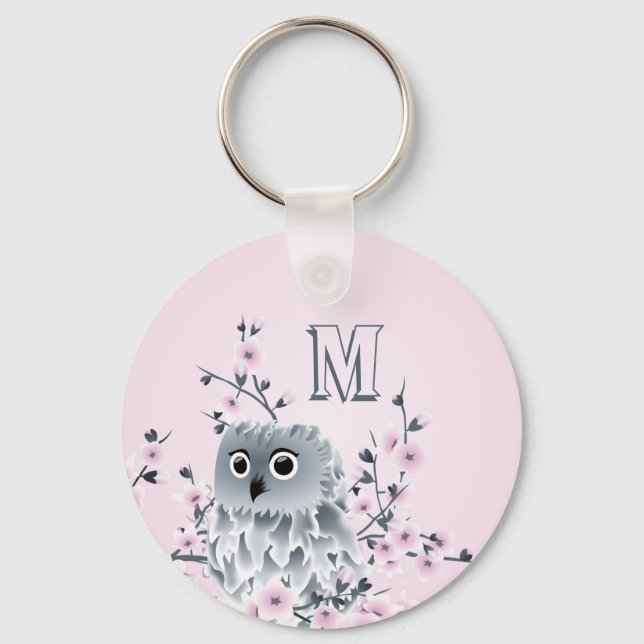 Porte-clés Douce Hibou Rose Monogramme Féminin (Recto)