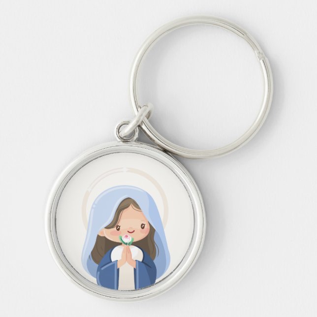 Porte-clés Douce Vierge Marie Kawaii avec Fleur – Blanche (Devant)