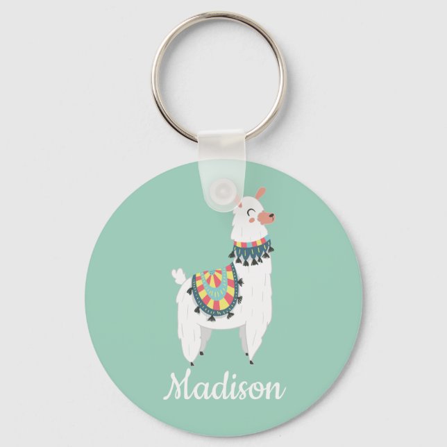 Porte-clés Doux Lama Blanc Monogramme Vert Menthe Nom (Recto)