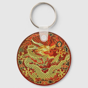 Porte-clés Dragon asiatique doré brodé sur rouge foncé
