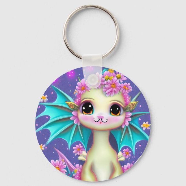 Porte-clés Dragon Bébé mignon aux fleurs roses (Recto)